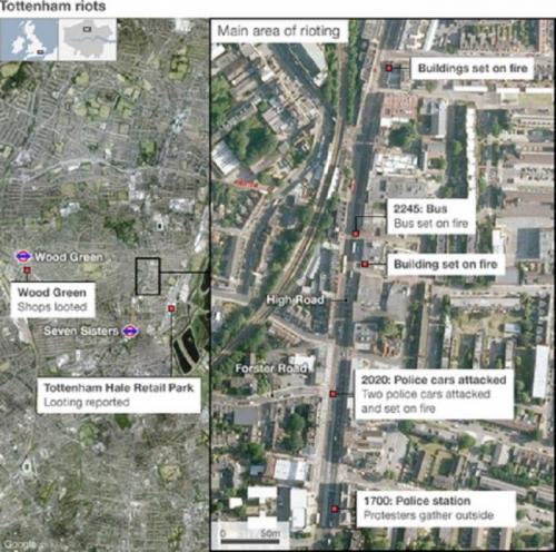 Location of incidents from the 2011 Tottenham, London riots